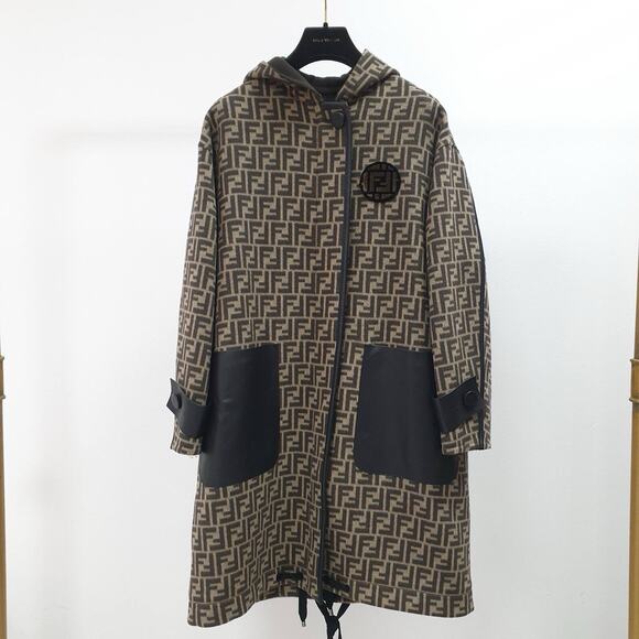 Fendi Black Brown Logo Print Wool Fur Trim Coat Sz.40 - Picture 1 of 8